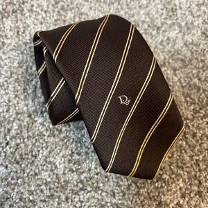 Christian Dior Neck Tie Mens Vintage Brown Gold Striped Pattern Poly/Silk Blend.